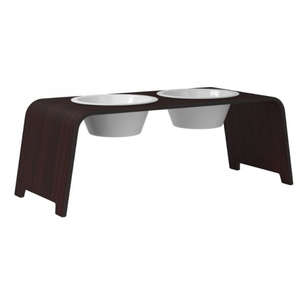 dogbar Futterstation Eiche dunkel für Hunde im elegantem Eiche dunkel Design mit zwei Porzellan Hunde-Näpfe