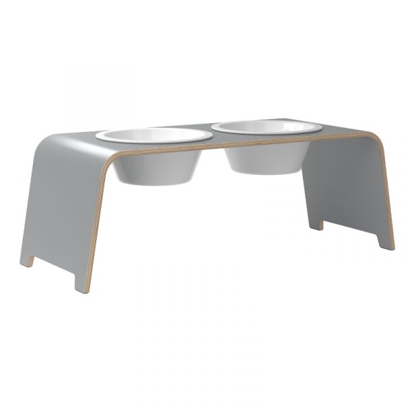 dogbar Hundenapf Grau Futterstation im elegantem grauem Holz Design mit zwei Porzellan Hunde-Näpfe