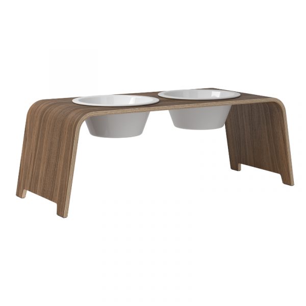 dogbar Hunde Futterstation Nussbaum im elegantem Holz Design mit zwei Porzellan Hunde-Näpfe