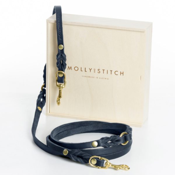 Molly & Stitch 3x-verstellbare Hundeleine Leder handgefertigt Butter im Navy Blau mit goldenem Karabiner und einer eleganten Verpackung